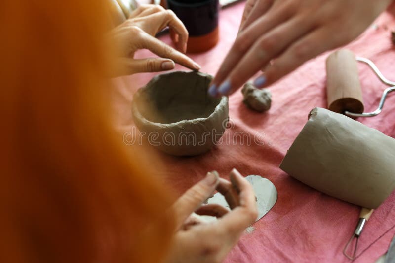Pottery Class. a Pottery Crafts Dish from a Raw Clay Stock