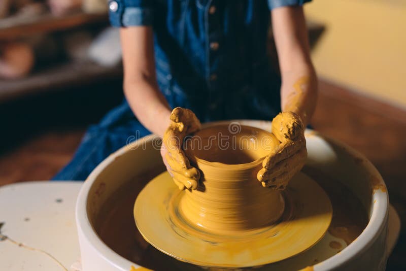Pottery a Little Girl Makes a Vase of Clay Stock Image Image of education, children