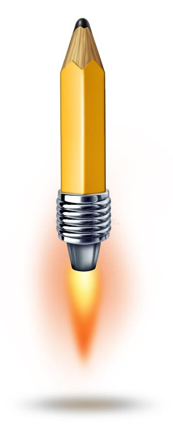Creative power symbol as a pencil with a rocket blasting off representing business success and leadership in imagination and breaking new creativity ground on a white background. Creative power symbol as a pencil with a rocket blasting off representing business success and leadership in imagination and breaking new creativity ground on a white background.