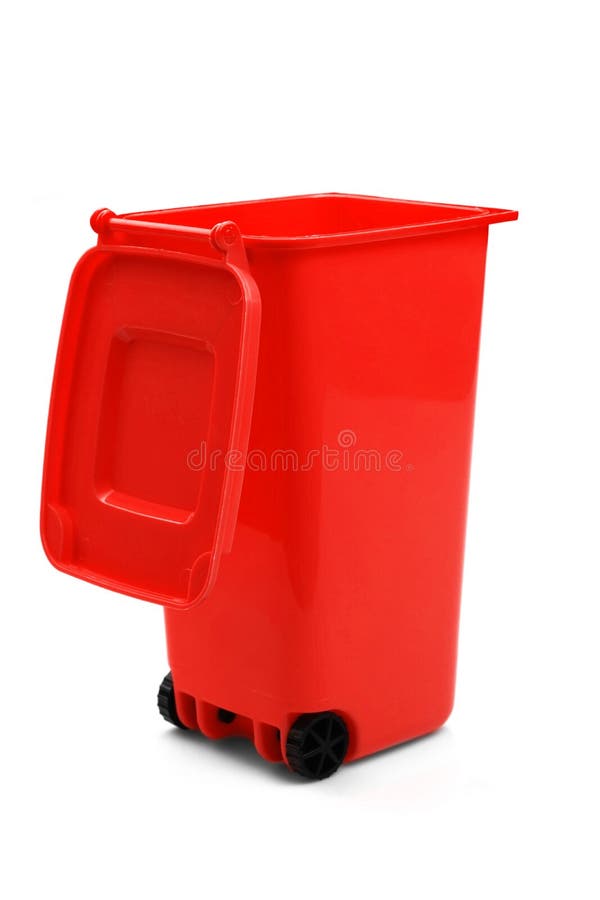 Red Plastic Waste Container Or Wheelie Bin, Isolated On White Vertical Background, Close Up. Red Plastic Waste Container Or Wheelie Bin, Isolated On White Vertical Background, Close Up