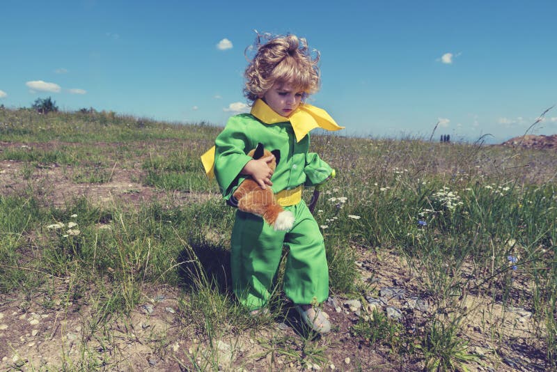 Pouco criança bonito que anda no meio do prado com o brinquedo da raposa na roupa verde com lenço amarelo imagem de stock royalty free Pouco criança bonito que anda no meio do prado com o brinquedo da raposa na roupa verde com lenço amarelo imagem de stock royalty free