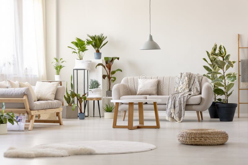 Pouf next to rug in bright living room interior with plants and beige couch. Real photo. Pouf next to rug in bright living room interior with plants and beige couch. Real photo