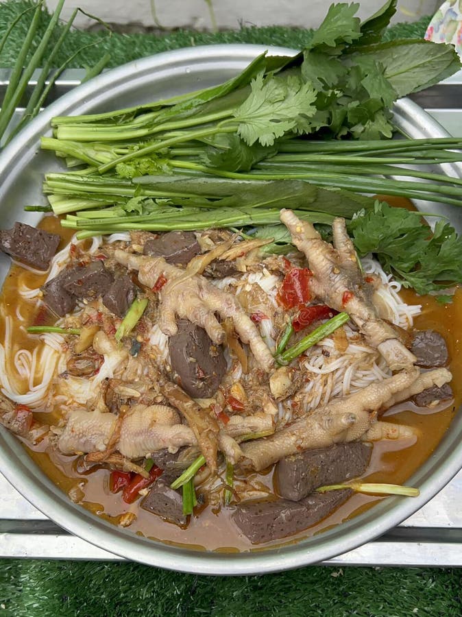 Poule pieds soupe aux nouilles porc cubes de sang phak chee oignons verts chili sont des plats thaïlandais qui peuvent photographie stock