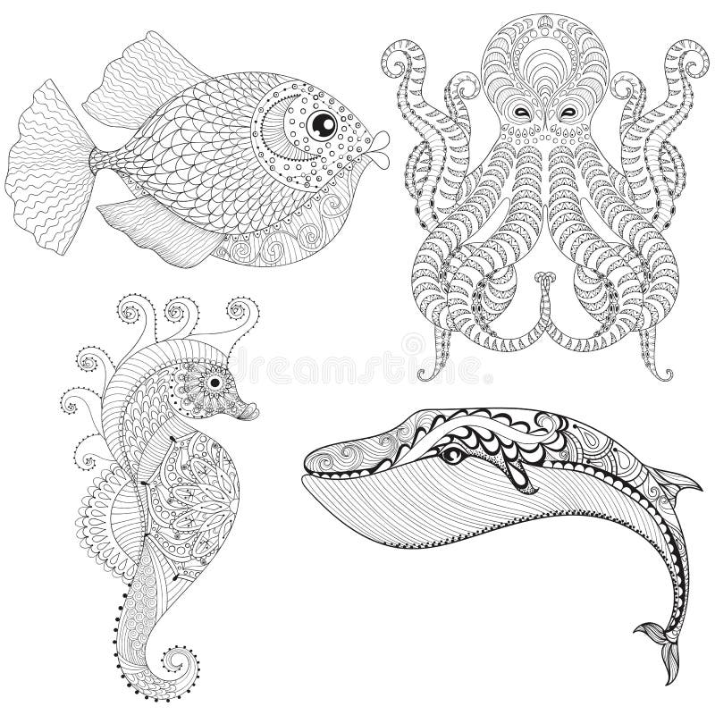 Poulpe artistique de zentangle tiré par la main, hippocampe, baleine, poisson FO