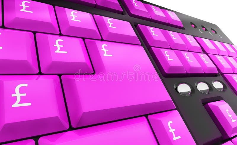 Computer keyboard with violet pound money keys. Computer keyboard with violet pound money keys