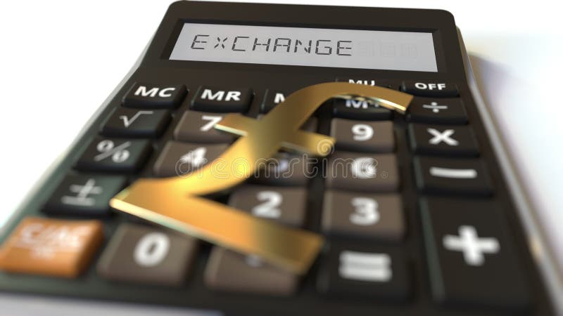 Pound money symbol on the keys and EXCHANGE text on calculator display, conceptual 3d rendering royalty free illustration