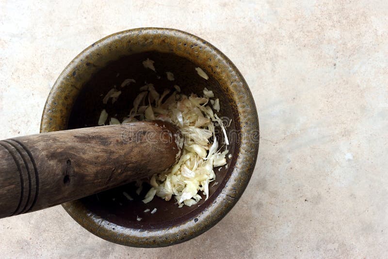 Pounded Garlic in a Mortar with Pestle Stock Image Image of meal