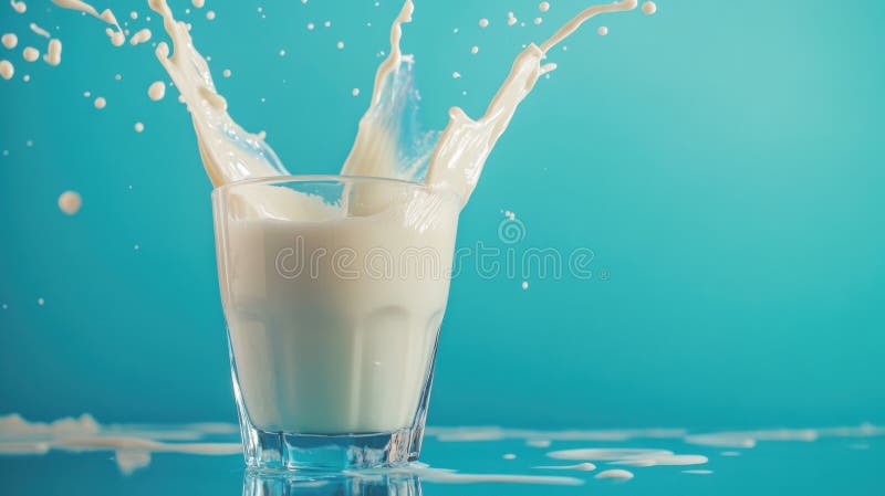 Pour milk in glass on background aqua. royalty free stock photography