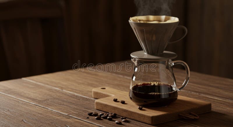 Pour Over Coffee Brewing on Dark Wood Table vector illustration