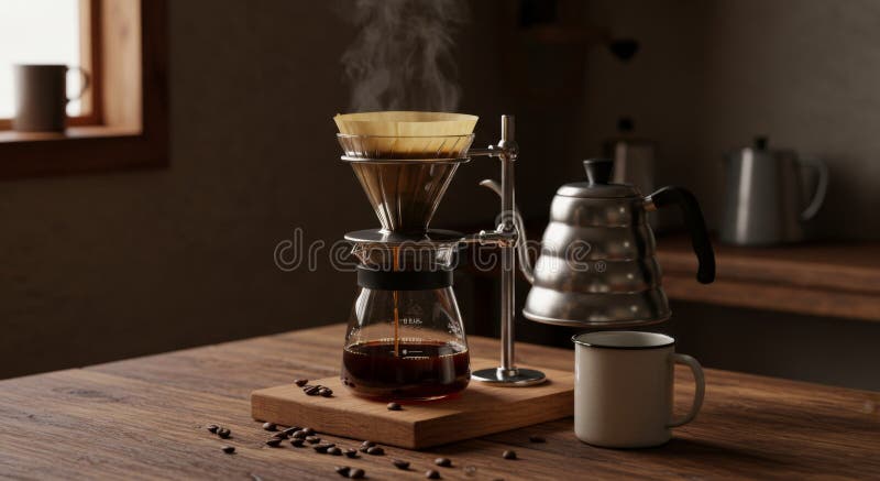 Pour Over Coffee Brewing on Dark Wooden Table stock illustration
