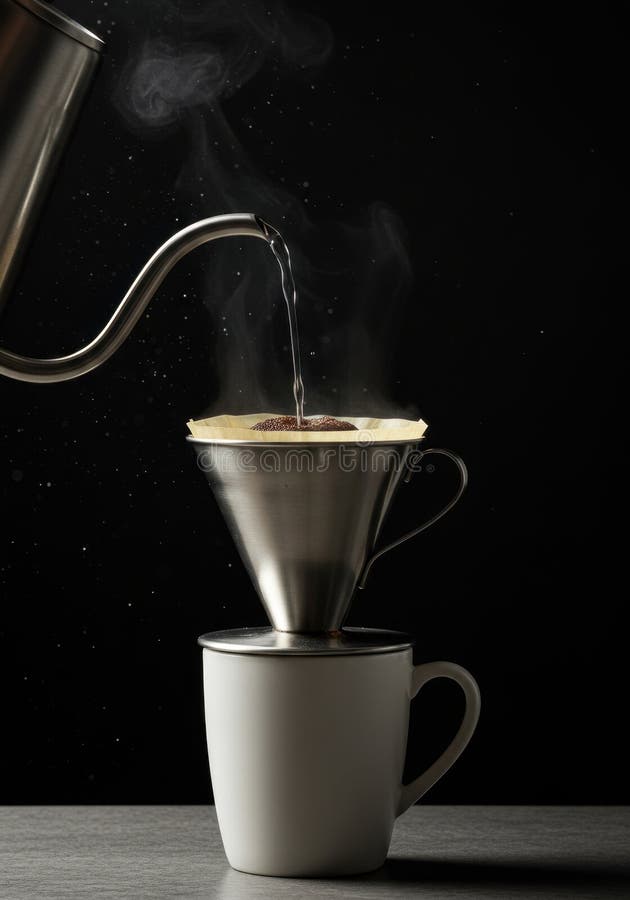 Pour Over Coffee Brewing Process: Metal Dripper and Gooseneck Kettle royalty free illustration