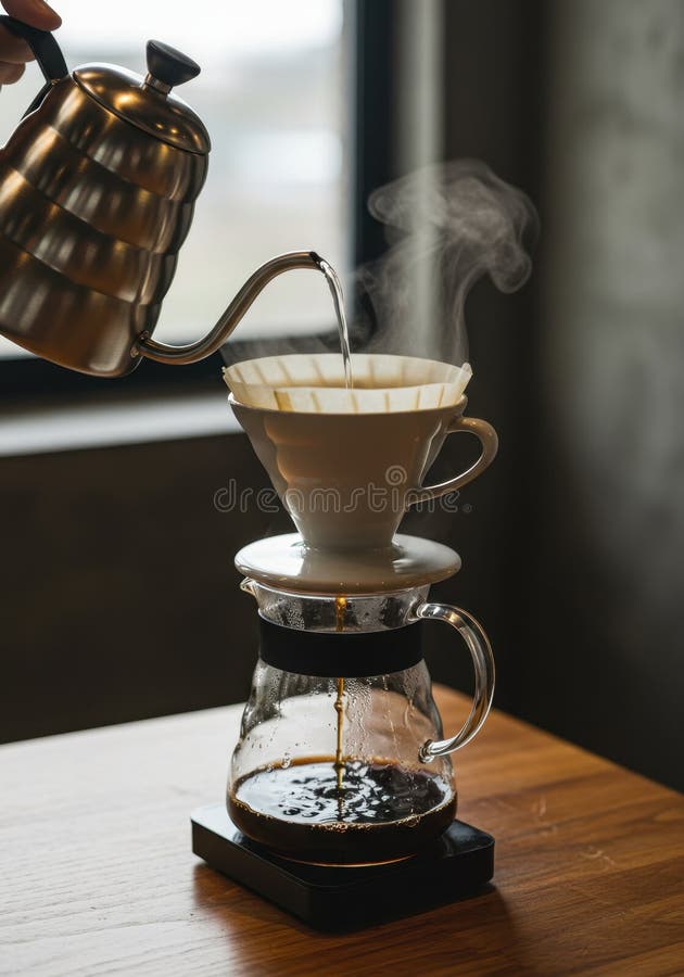Pour Over Coffee Brewing Process: Metal Kettle and Ceramic Dripper on Wooden Table stock illustration