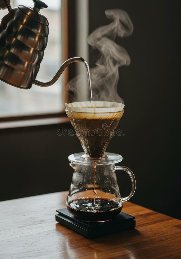 Pour Over Coffee Brewing Process on Wooden Table stock illustration