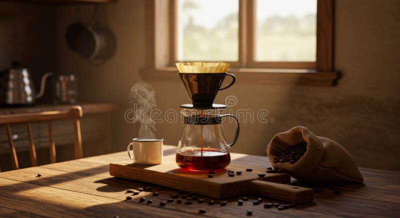 Pour Over Coffee Brewing in Rustic Kitchen Setting vector illustration