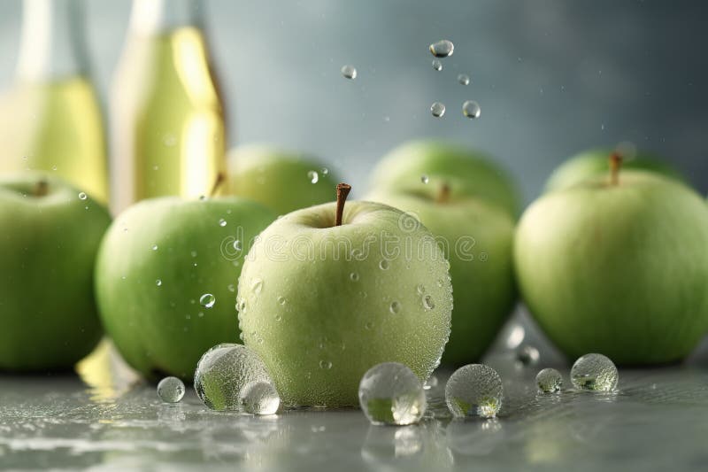 Poured green apple sparkling juice, apples, product shot royalty free illustration.