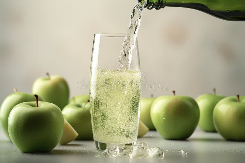 Poured green apple sparkling juice, apples, product shot stock illustration.