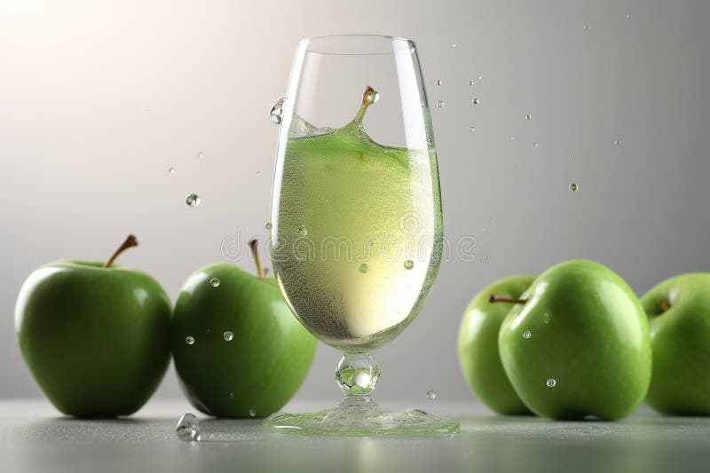 Poured green apple sparkling juice, apples, product shot vector illustration.