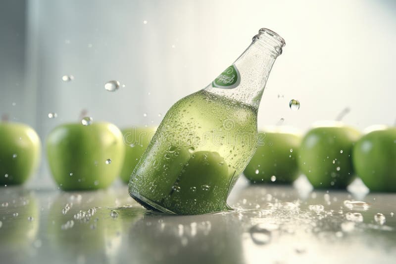 Poured green apple sparkling juice, apples, product shot vector illustration.