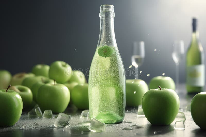 Poured green apple sparkling juice, apples, product shot vector illustration.