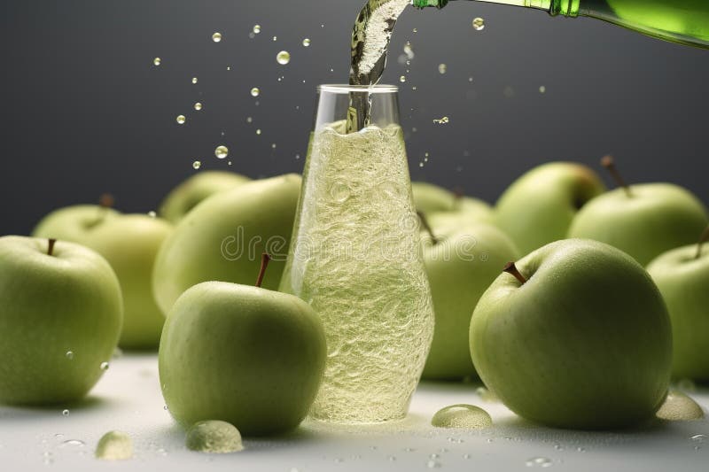Poured green apple sparkling juice, apples, product shot stock illustration.