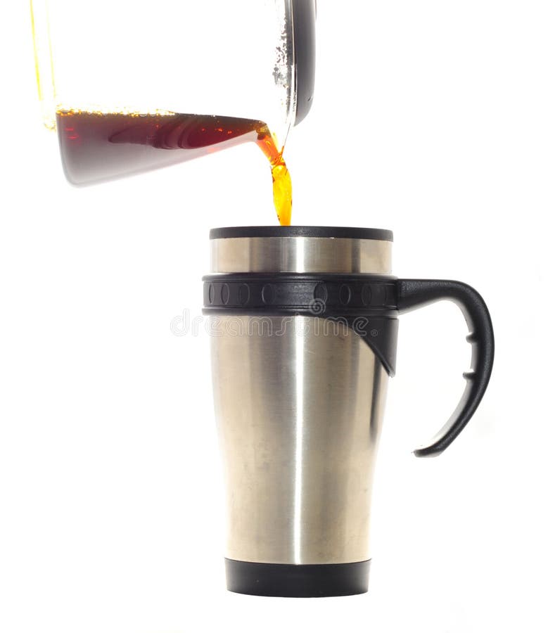 Pouring Coffee Into Overflowed White Porcelain Mug With Saucer. Cup