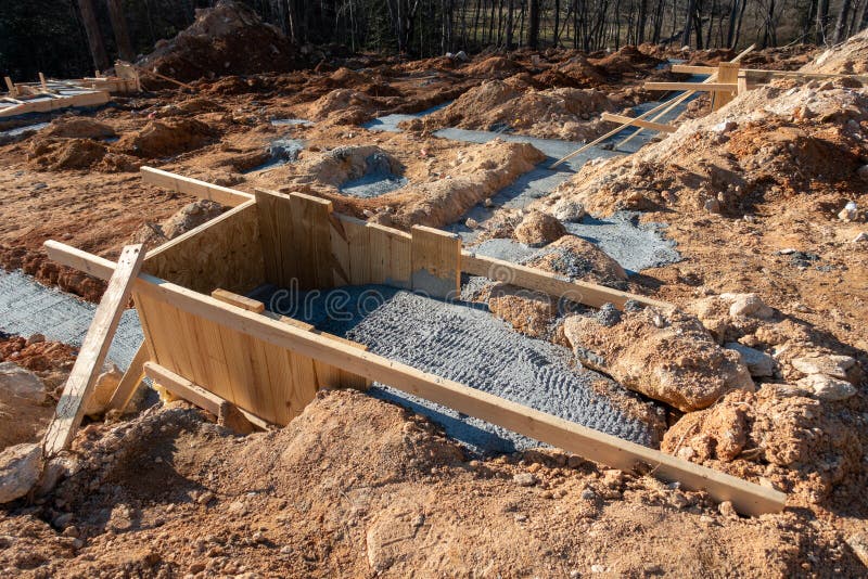 Pouring Concrete Footing Foundation for a New House Stock Image Image of board, steel 218796853