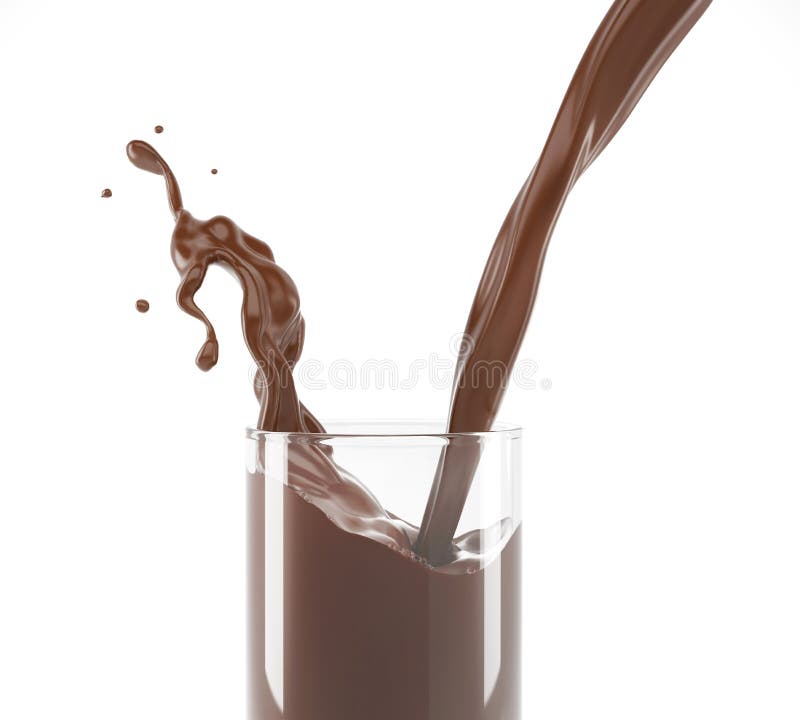 Pouring liquid chocolate in a glass with splash. on white