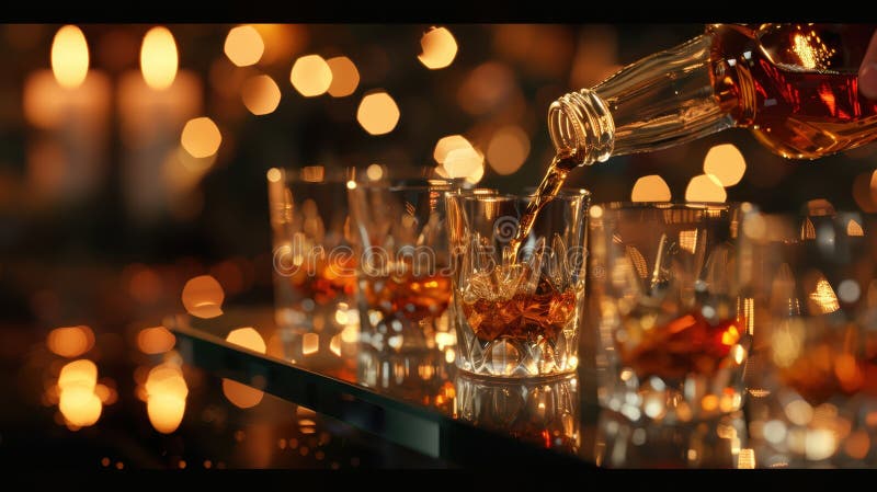 Whiskey being poured into multiple crystal glasses with a bokeh background. image. Bokeh whiskey stock images, royalty-free photos and pictures
