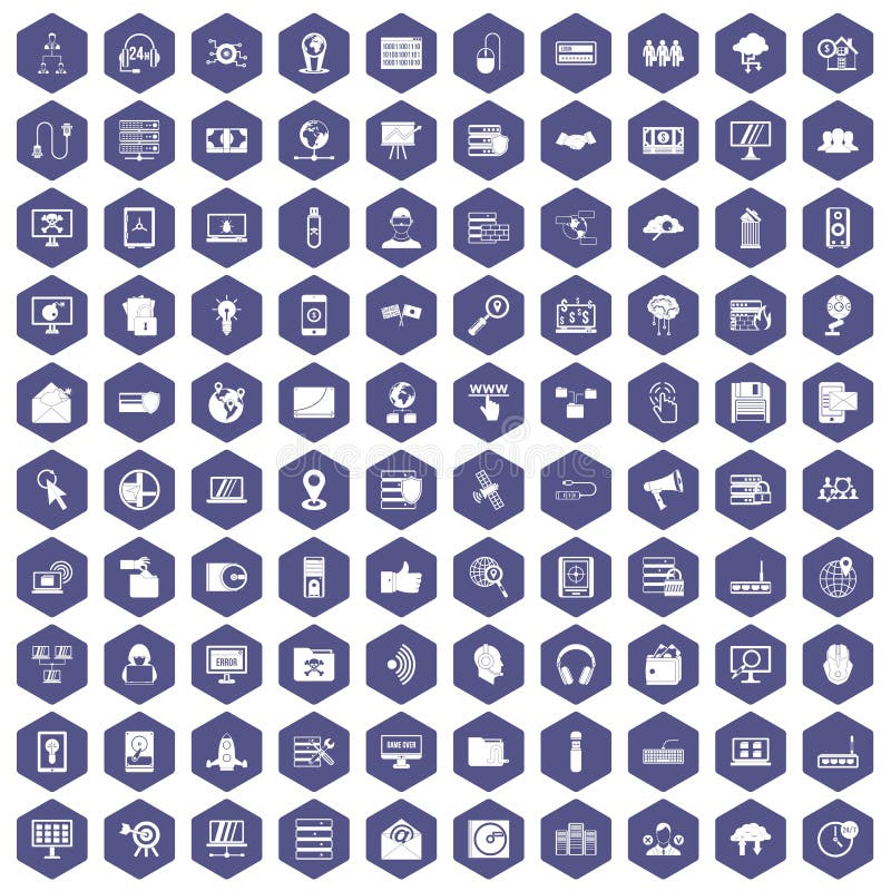 pourpre d'hexagone de 100 de cyber icônes de sécurité illustration stock pourpre d'hexagone de 100 de cyber icônes de sécurité illustration stock