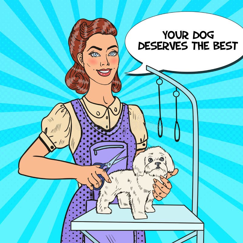 Poursuivez le toilettage Bruit Art Woman Groomer avec des ciseaux illustration stock Poursuivez le toilettage Bruit Art Woman Groomer avec des ciseaux illustration stock