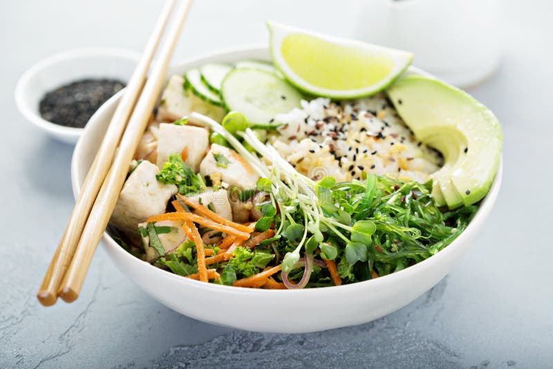 Poussez la cuvette avec le tofu, le riz et les légumes de soie images libres de droits Poussez la cuvette avec le tofu, le riz et les légumes de soie images libres de droits