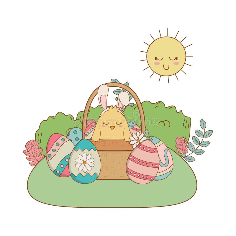 Poussin avec le lapin d'oreilles dans le panier et la scène de jardin peinte par oeufs illustration de vecteur Poussin avec le lapin d'oreilles dans le panier et la scène de jardin peinte par oeufs illustration de vecteur