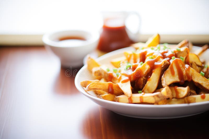 Poutine with a Side of Ketchup and Malt Vinegar Stock Image Image of