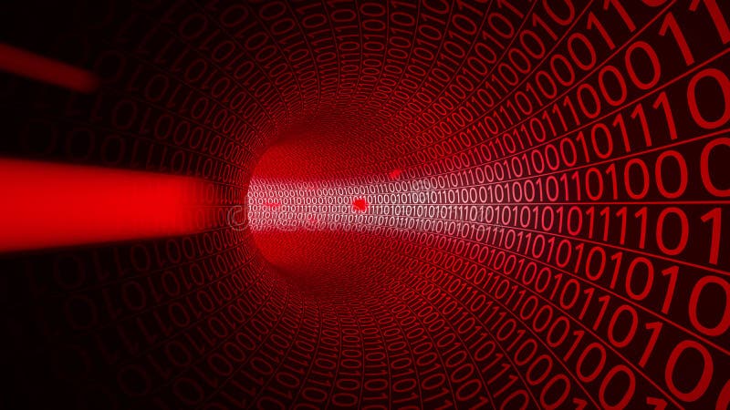 POV flight through abstract red tunnel made with zeros and ones. Hi-tech background. Hacker theat, DDoS computer attack