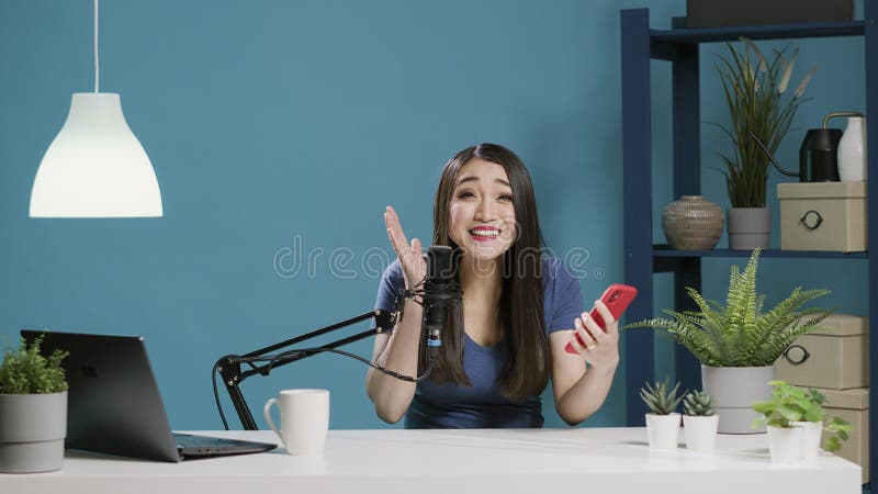 Pov Of Lifestyle Influencer Recording Vlog To Read Comments Stock Image 