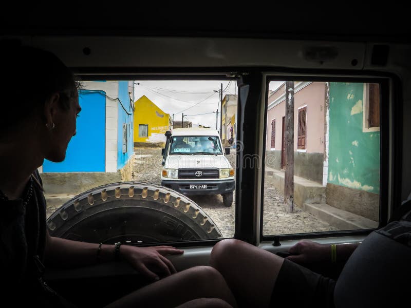 Povoacao Velha, Boa Vista, Cape Verde, Africa - February 9, 2018: View through the rear window of a vehicle royalty free stock photography Povoacao Velha, Boa Vista, Cape Verde, Africa - February 9, 2018: View through the rear window of a vehicle royalty free stock photography