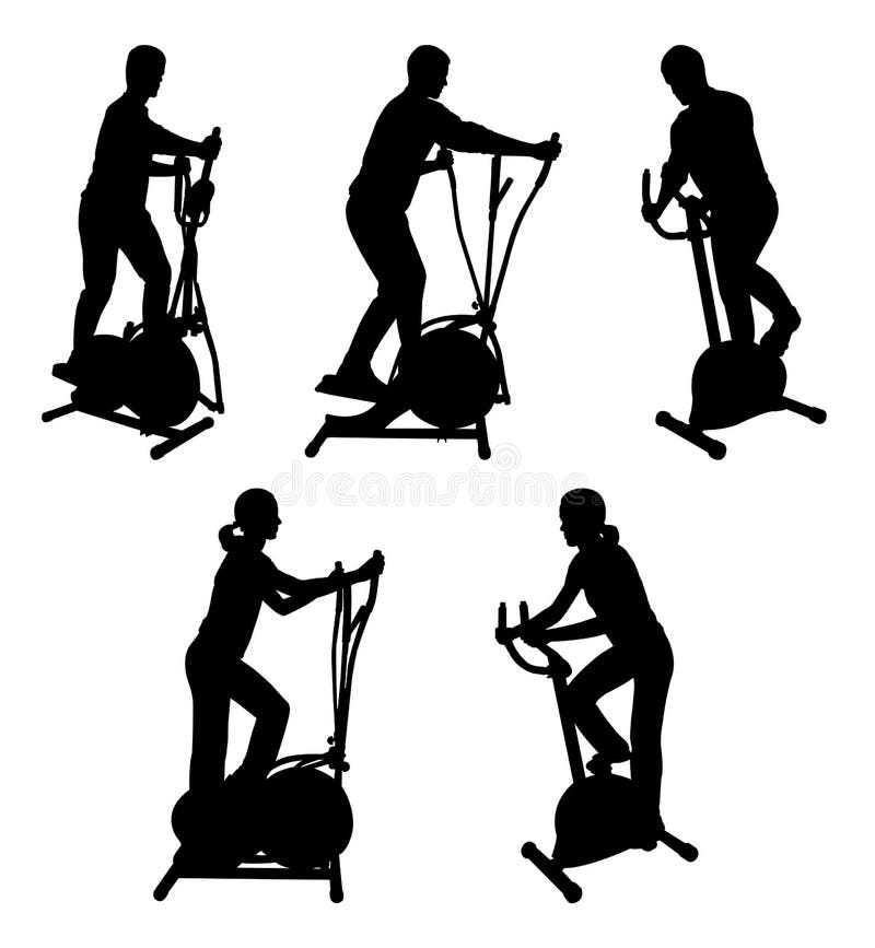 Silhouettes of fitness people on gym bike. Silhouettes of fitness people on gym bike