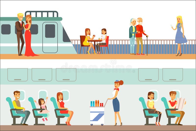 Povos de sorriso que tomam o grupo diferente do transporte, do metro, do plano e do navio de cenas dos desenhos animados com viaj ilustração do vetor Povos de sorriso que tomam o grupo diferente do transporte, do metro, do plano e do navio de cenas dos desenhos animados com viaj ilustração do vetor
