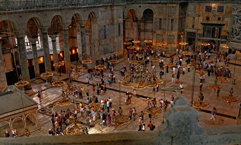 Visitors in Hagia Sophia, the former Orthodox patriarchal basilica and later a mosque. It's now a museum in Istanbul, Turkey. From the date of its dedication in 360 until 1453, it served as an Eastern Orthodox cathedral and seat of the Patriarchate of Constantinople and had the largest dome in the world for no less than 1,000 years. Visitors in Hagia Sophia, the former Orthodox patriarchal basilica and later a mosque. It's now a museum in Istanbul, Turkey. From the date of its dedication in 360 until 1453, it served as an Eastern Orthodox cathedral and seat of the Patriarchate of Constantinople and had the largest dome in the world for no less than 1,000 years.