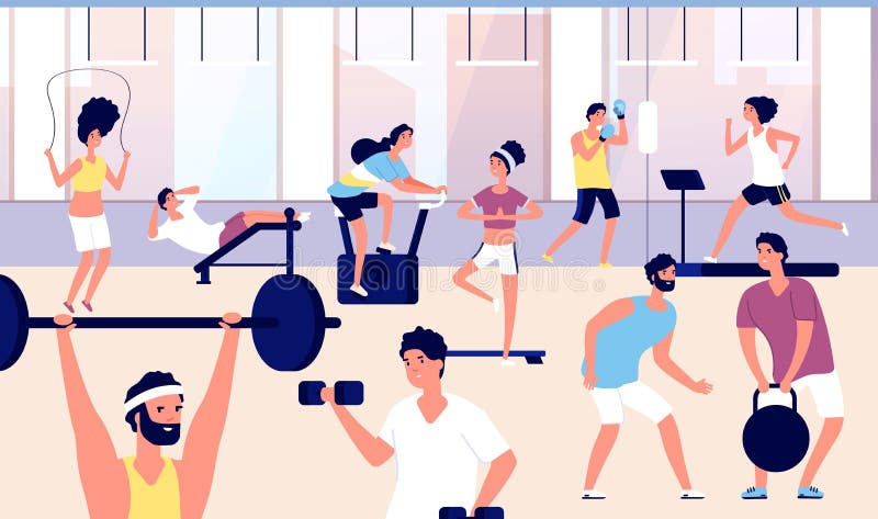 Povos no gym Grupo dos atletas que faz o exercício da aptidão, o cardio- treinamento e o levantamento de peso no gym Vetor do est ilustração do vetor Povos no gym Grupo dos atletas que faz o exercício da aptidão, o cardio- treinamento e o levantamento de peso no gym Vetor do est ilustração do vetor
