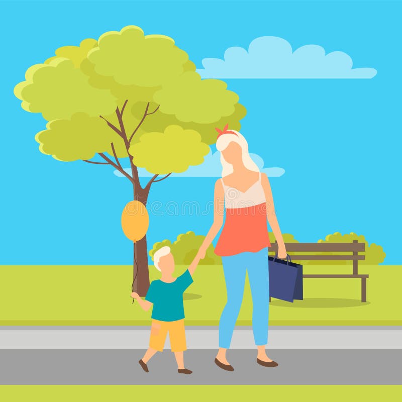 Povos que andam no parque, na mãe e na criança no verão ilustração stock Povos que andam no parque, na mãe e na criança no verão ilustração stock