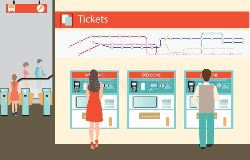 Povos que compram um bilhete para o trem ilustração royalty free Povos que compram um bilhete para o trem ilustração royalty free