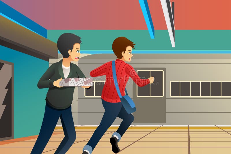 Povos que correm tarde na ilustração do estação de caminhos de ferro ilustração do vetor Povos que correm tarde na ilustração do estação de caminhos de ferro ilustração do vetor