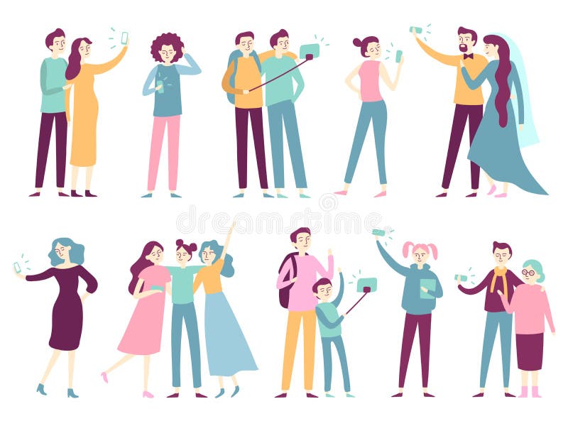 Povos que tomam o selfie no smartphone Homens que tomam fotos na câmera móvel, mulheres que levantam para a foto nos smartphones ilustração royalty free Povos que tomam o selfie no smartphone Homens que tomam fotos na câmera móvel, mulheres que levantam para a foto nos smartphones ilustração royalty free