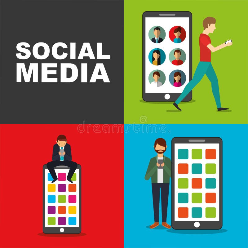 Povos que usam o smartphone com meios grandes do social do dispositivo móvel ilustração do vetor Povos que usam o smartphone com meios grandes do social do dispositivo móvel ilustração do vetor