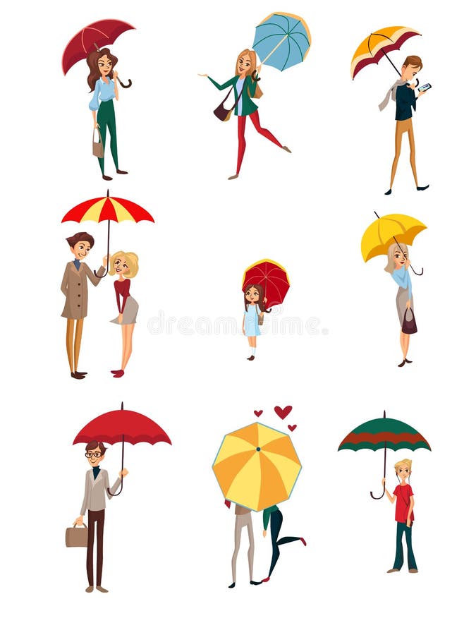 Povos sob o grupo do guarda-chuva, crianças, homens e mulheres andando com guarda-chuvas coloridos, vetor chuvoso dos desenhos an ilustração do vetor Povos sob o grupo do guarda-chuva, crianças, homens e mulheres andando com guarda-chuvas coloridos, vetor chuvoso dos desenhos an ilustração do vetor
