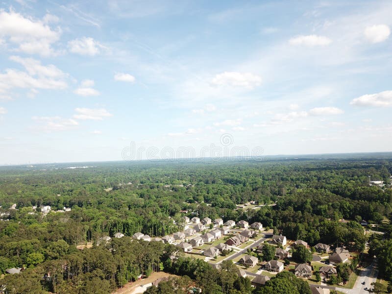 Powder Springs Georgia on a sunny day. Aerial sky shot from a drone