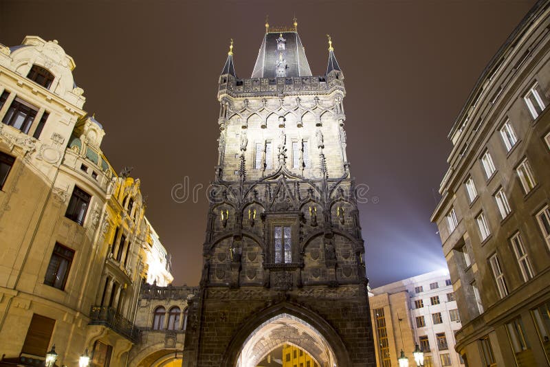 Powder tower gate at evening in Prague, Czech Republic. It is one of the symbols of Prague leading into the Old Town
