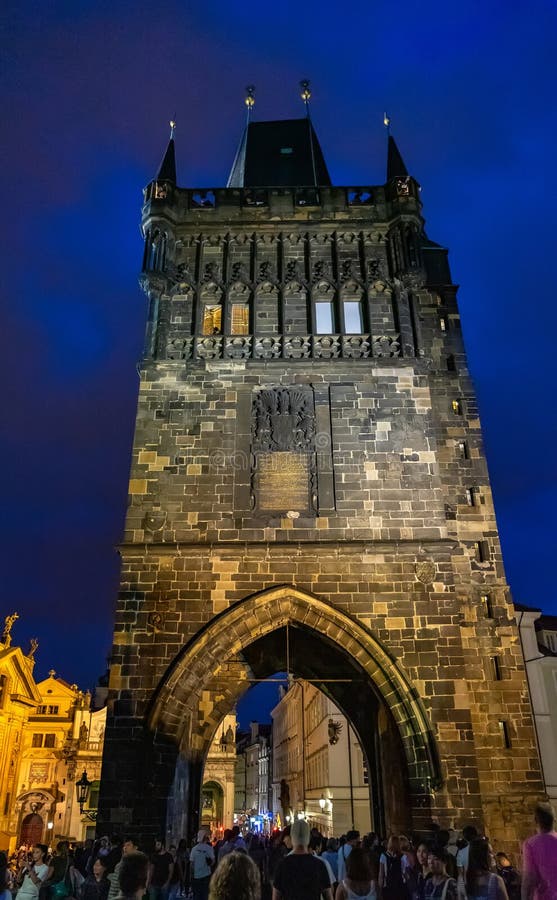 Powder Tower of Prague in Czech Republic at Night. Editorial