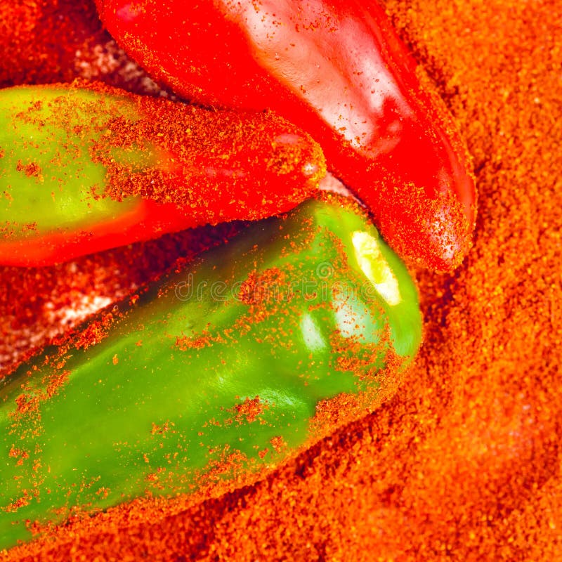 Powdered spices and red and green peppers